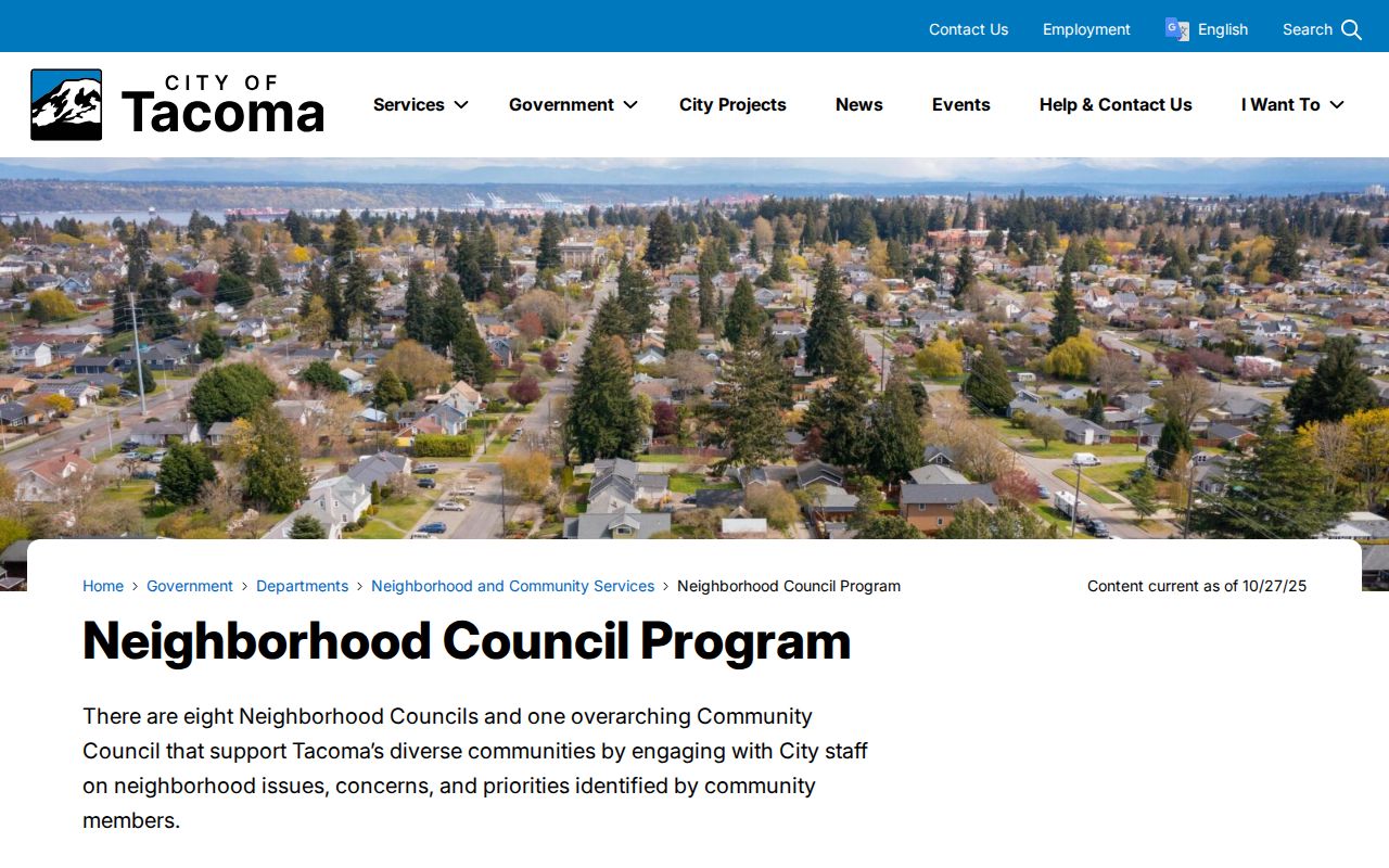 City of Tacoma Neighborhood Council Program page for community contacts