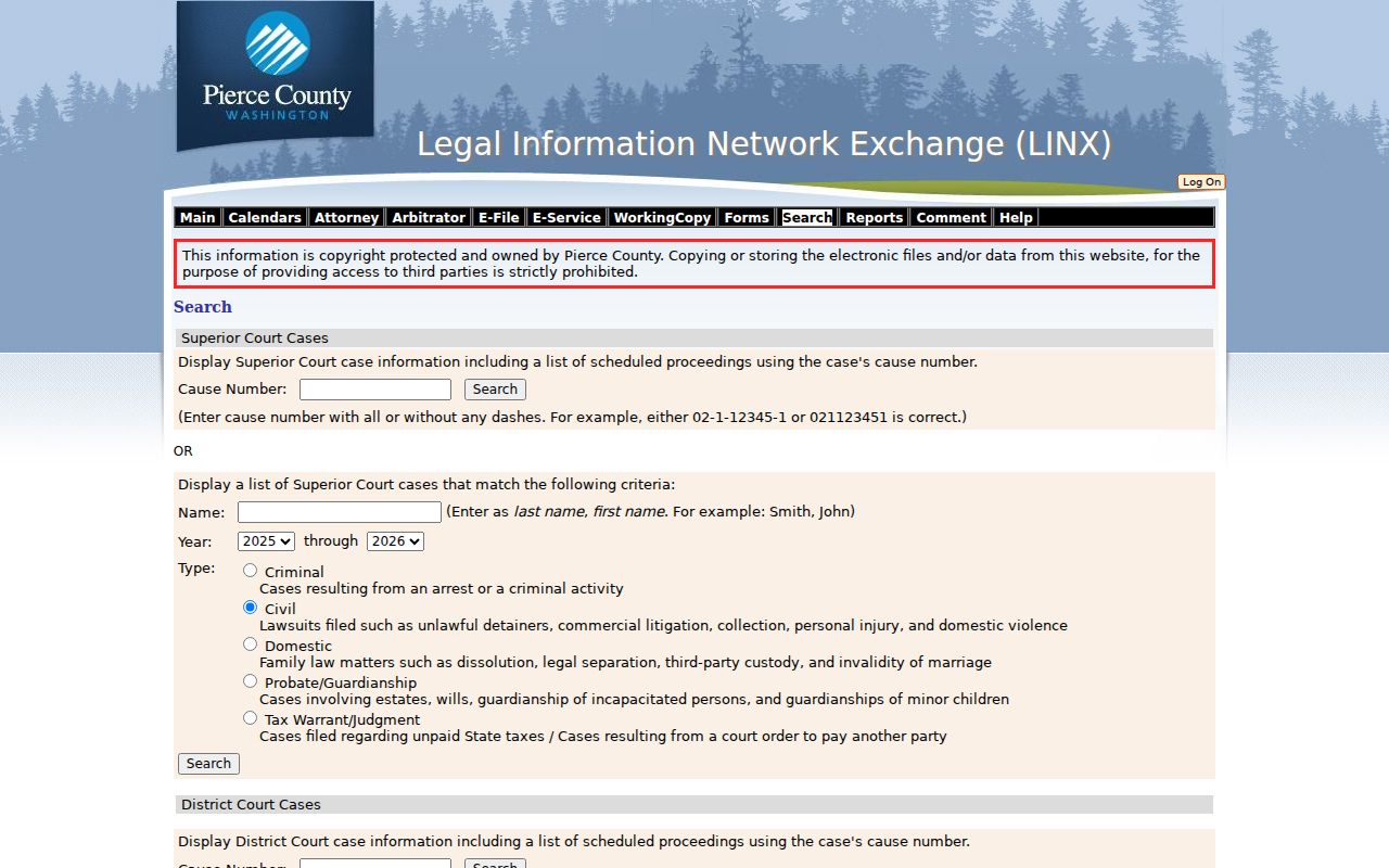 Tacoma resident lookup screen for Pierce County LINX court cases